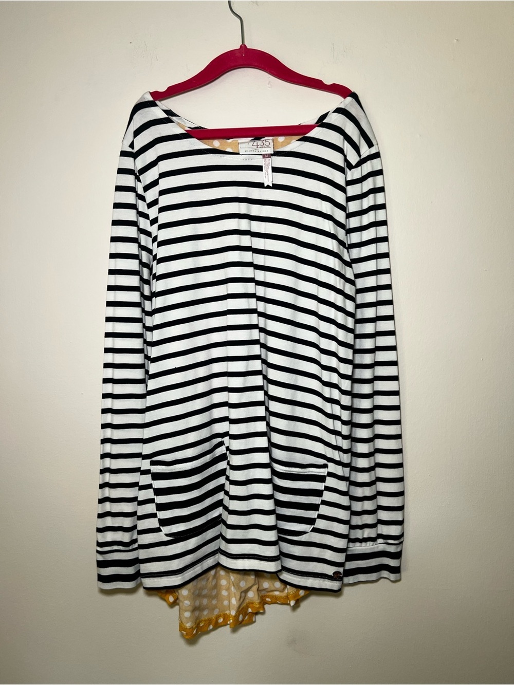 Black and White Striped Long Sleeve Dress with Floral and Polka Dots on Back